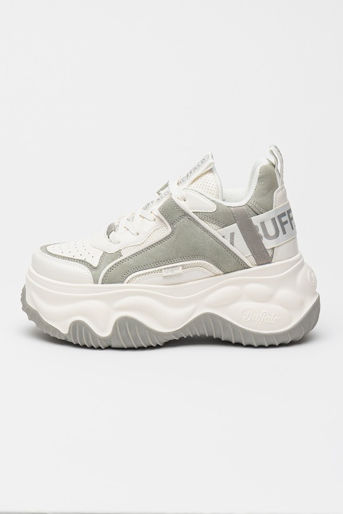 Buffalo, Pantofi sport cu talpa flatform si sireturi Blader Matcha, Gri deschis/Alb murdar