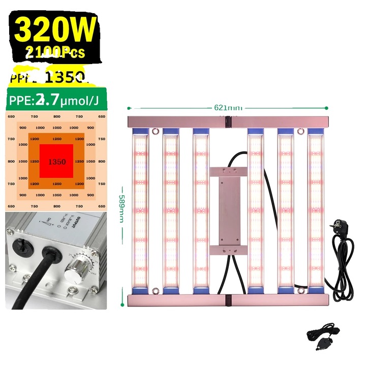 Lampa LED de crestere, 320W, dimabila, inaltime ajustabila, aluminiu, 62.1x56.8cm