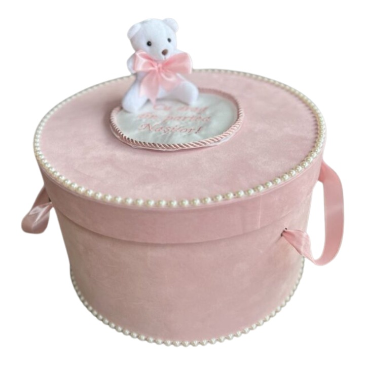 Cufar botez – catifea roz pudra cu ursulet, 31x19 cm