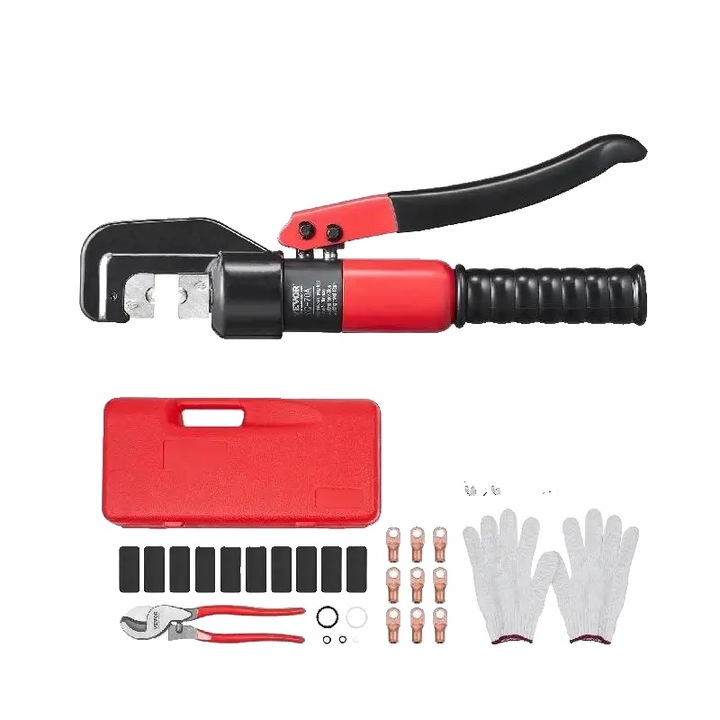 Krimpelőfogó, hidraulikus rendszer, sokoldalú kábelméretek, komplett készlet tartozékokkal