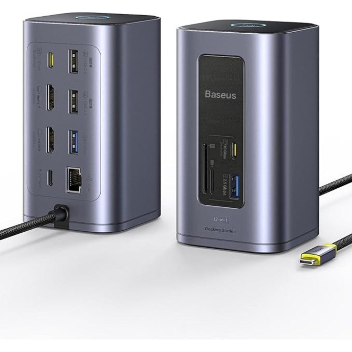 12 в 1 докинг станция, разширение до 2 4K монитора, PD 100W, 2 x HDMI 4K, 4 x USB-A, 2 x USB-C 10Gbps, TF/SD 104 Mbit/s, Gigabit Ethernet, с бутон за заключване на екрана, съвместима с лаптопи Dell, HP, Lenovo, Asus, Acer, Mac