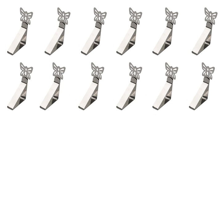 Set 12 clips pentru fete de masa, TREXORA, design fluture, inox, argintiu