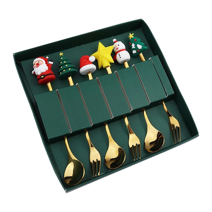 Set 6 Tacamuri de Craciun din Otel Inoxidabil, Decorate cu Tematica de Craciun, Dimensiuni 6.10''x1.10'' si 6.10''x0.59''