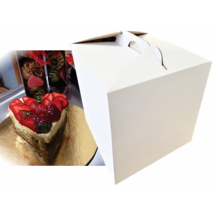 Set 25 buc cutii tort evenimente cu maner, carton gros, 28 x 28 x 30 cm, include discuri aurii groase, 28 cm