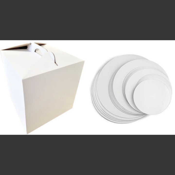 Set 25 buc cutii tort evenimente cu maner, carton gros, 30 x 30 x 25 cm, include discuri albe groase, 30 cm