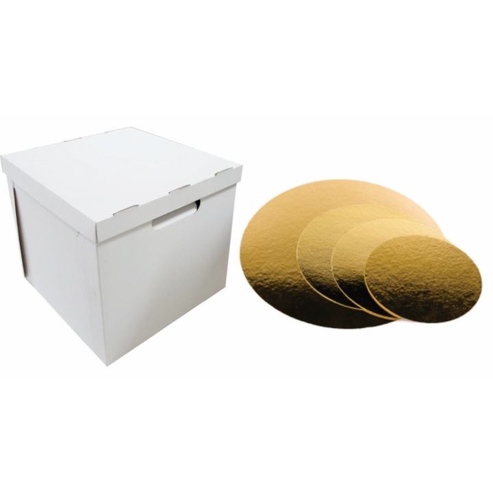 Set 25 buc cutii tort evenimente cu capac, carton gros, 35 x 35 x 30 cm, include discuri aurii groase, 35 cm