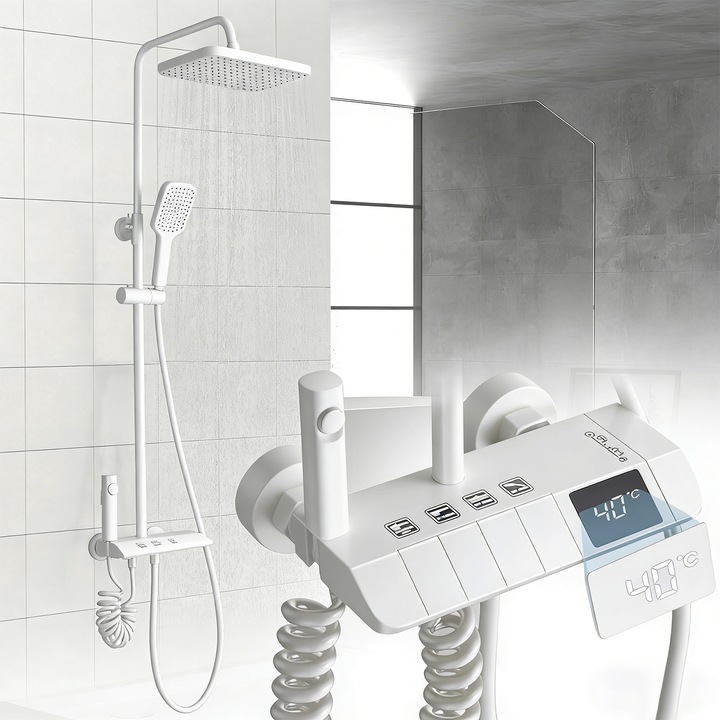 Coloana de dus completa, Morovan, Coloana de dus completa, cu butoane comenzi piano, Display LED, Materiale Premium, Para Dus, Alama, Inox, Inaltime Reglabila, Design Modern, cul display temperatura apa fara, Alb