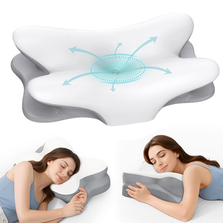 Perna ortopedica pentru dormit, Morovan, perna cervicala, forma de fluture, Perna ortopedica pentru dormit, Spuma cu Memorie ergonomica pentru Gat si Suport Cervical, Husa lavabila, Ideala pentru dormitul lateral, 60*34*13cm, Cenusa alba