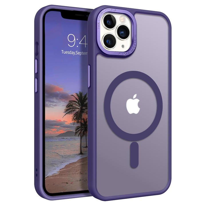 Прозрачен матов силиконов магнитен калъф, съвместим с Apple iPhone 15 Pro - лилав