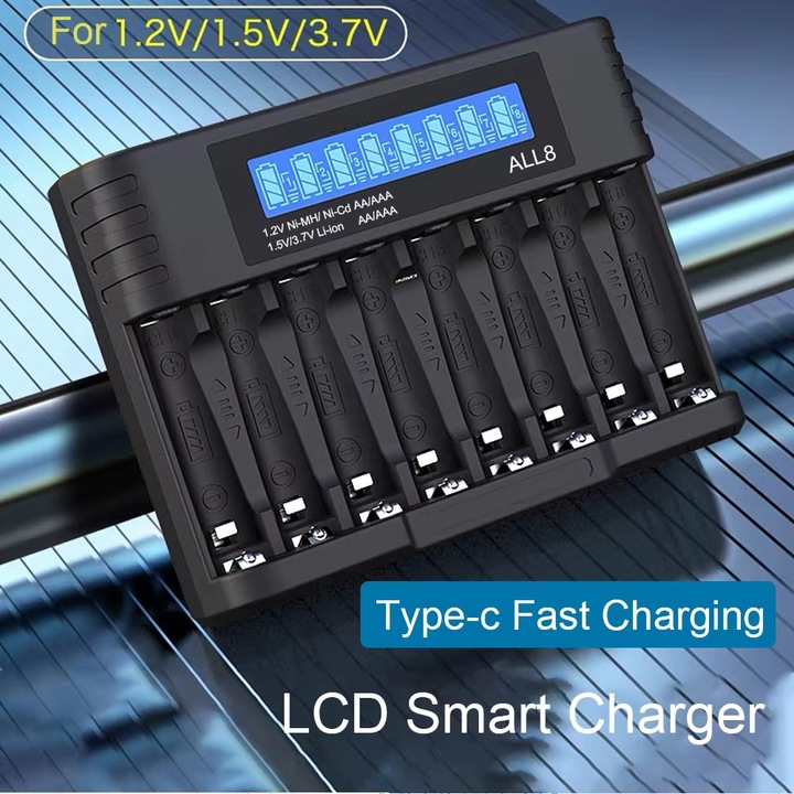 Incarcator de baterie AJNWNM cu 8 sloturi pentru baterie Ni-MH Ni-CD 1, 2 V, AA AAA Li-ion 1, 5 V/3, 7 V AA AAA