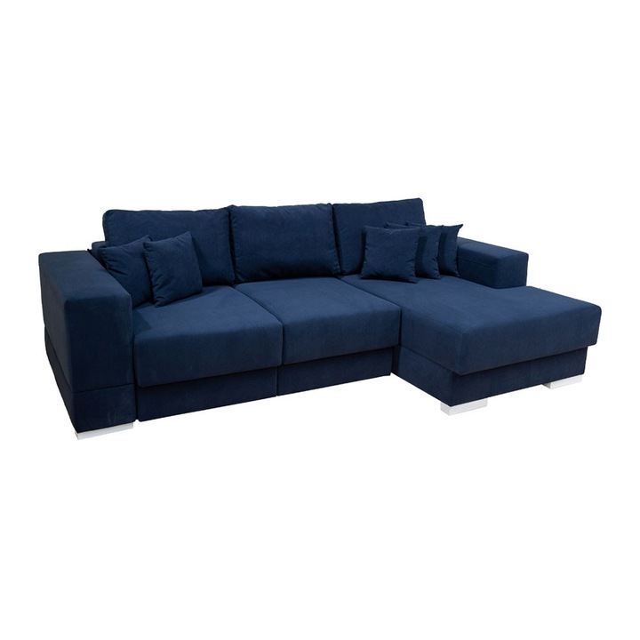 Coltar Extensibil Boston - Vega 39 Dreapta, cu Lada de Depozitare, 266 x 160 x 90 cm, Stofa Albastru Inchis