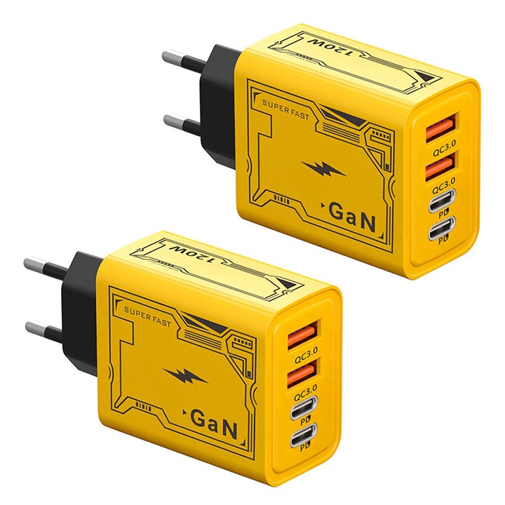 Set 2 Incarcatoare rapid 120W WEPZSXO, 4 porturi, galben, 5x3.5x10cm