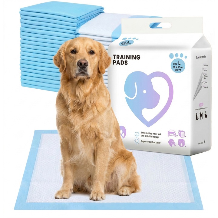 Covorase absorbante pentru animale de companie, de unica folosinta, margini sigilate anti-scurgere, baza impermeabila, Marime L, 60x60 cm, 40 bucati