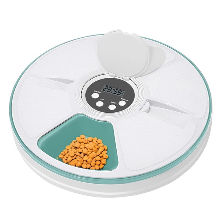 Умна автоматична хранилка, Rqiurpn, с 6 отделения, диспенсър за храна за кучета и котки, голям капацитет, LED дисплей, таймер, звукова аларма, пластмаса, зелено/бяло