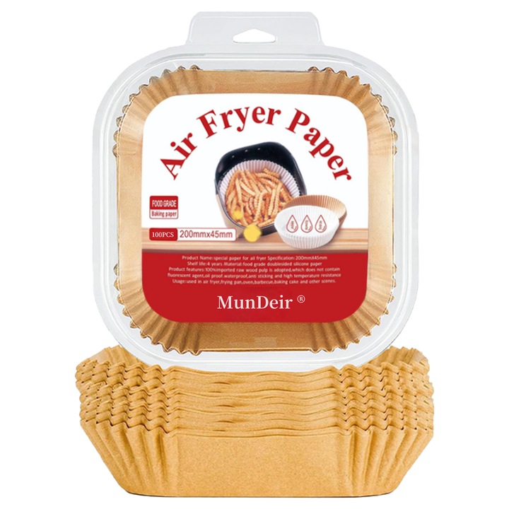 100 de coli de hartie de copt pentru friteuza cu aer cald, 20 x 20 x 4,5 cm, MunDeir ®, antiaderenta, rezistenta la apa si ulei, potrivita pentru tigai, cuptoare, cuptoare