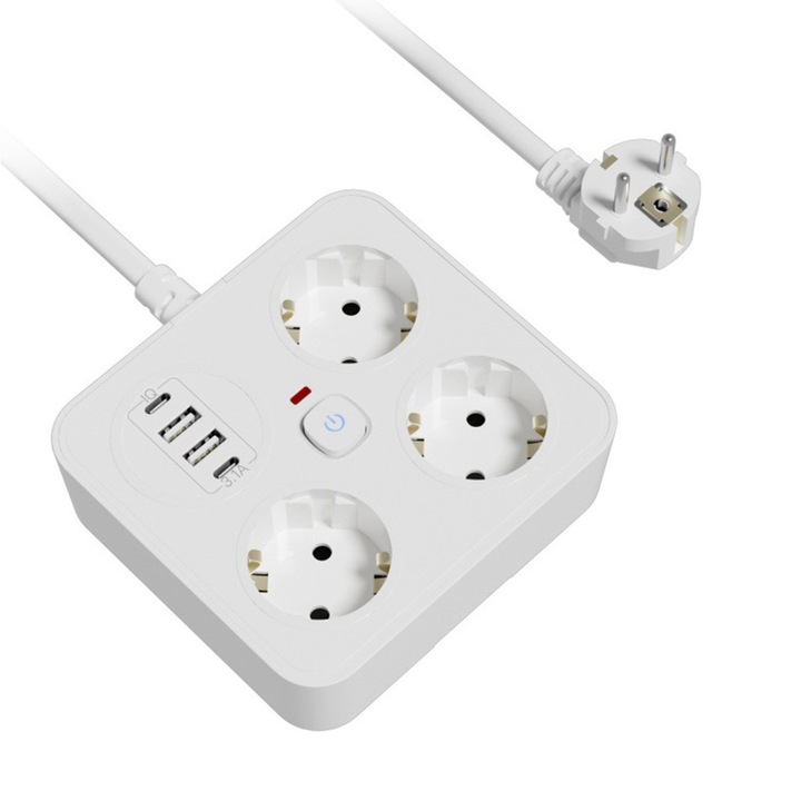Разклонител, 3 контакта, 2 USB-A порта, 2 USB-C порта, 10A, 2 метра, огнеустойчив, 11.4*12.4см, TOIITKQ, бял