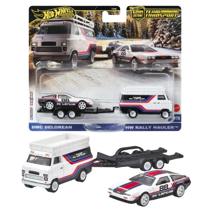 Hot Wheels prémium autó Culture Transport Dmc DeLorean & Hw Rally Hauler autószett, Hot Wheels, 164, fém karosszéria, valósághű kerekek, pontosan reprodukált dekorációk, ajánlott életkor 3+, 10 x 10,5 cm, többszínű