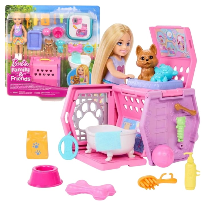 Комплект кукла Челси с аксесоари за кучета, Mattel, пластмаса, тегло 0,5 кг, подвижни аксесоари, възраст от 3 години, 10,5 x 10 см, многоцветен