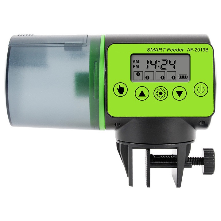 Hranitor Smart Acvariu, Rqiurpn, Timer Digital LCD, 200ml, Manual & Automat, Fixare Duala, Baterii Incluse, 150x75x110mm, Negru, verde