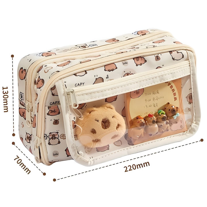 Несесер за моливи, TREXORA, щампа на капибара, голям капацитет, 22x13x7 см, платно, кафяв