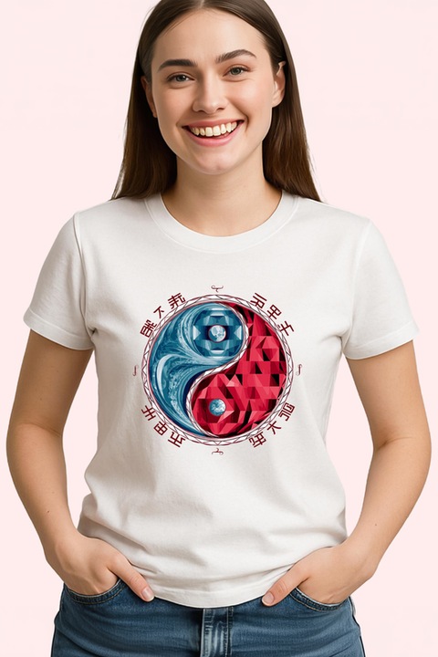 Tricou Yin Yang Rosu Albastru Stil Japonez, Dama, 100% bumbac, Cri-Flo, Culoare Alb, Marime M