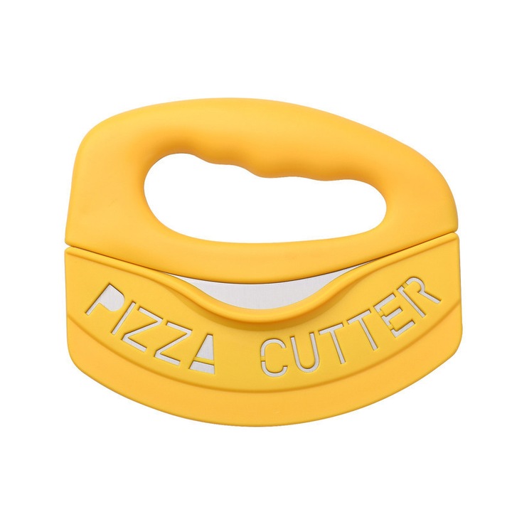 Cutit Rocker Multifunctional pentru Pizza si Alimente - Cutit pentru taiat pizza - Cu Teaca de Protectie Silicon - Dimensiuni 15.5 cm, Galben
