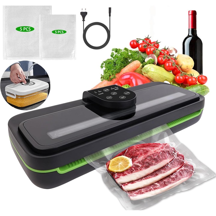 Aparat de vidat si sigilat alimente Lehnedar, 110W, 85kpa, 4 functii vidare umed/uscata/soft, panou de comanda tactil, 32 cm bara de lipire, Cutter Incorporat, Functie de Sigilare si Vidare Automata, set cu 10 pungi reutilizabile, negru
