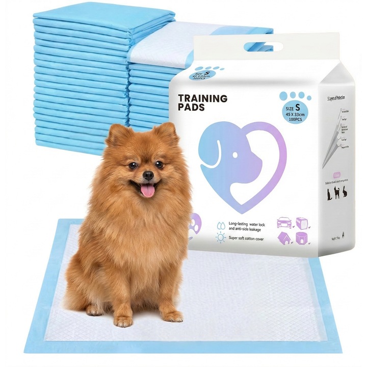 Covorase absorbante pentru animale de companie, de unica folosinta, margini sigilate anti-scurgere, baza impermeabila, Marime S, 33x45 cm, 100 bucati