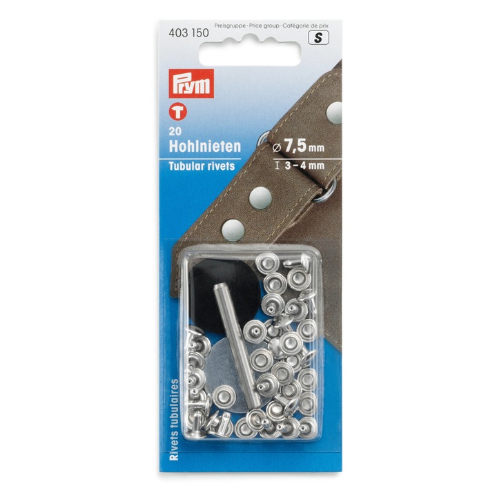 Riveti tubulari, diametru 7,5 mm, pentru grosimi de prindere intre 3 - 4 mm, culoare argintie, 20 bucati, Prym 403150