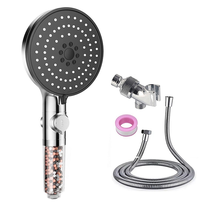 Para Cap De Dus, cu furtun de 1,5 m/brat american/banda, 5 moduri de reglare, LEIISVK, argintiu-negru