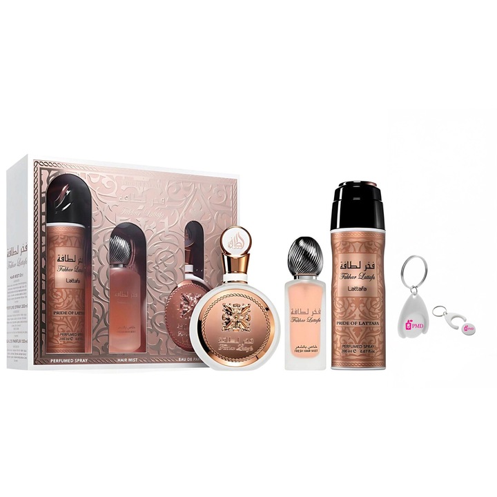Set Cadou Apa de Parfum Fakhar Woman 100ml + Parfum pentru par 50ml + Deodorant Spray 200ml, Lattafa cu Breloc Personalizat "PMD"