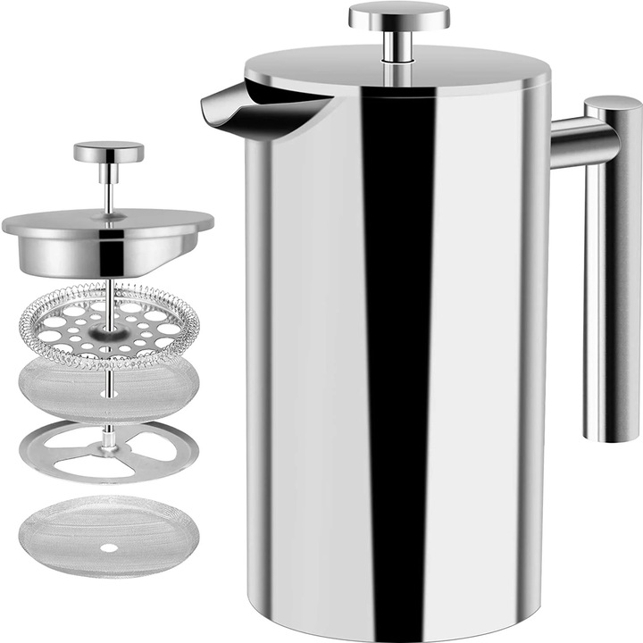 Cafetiera franceza YANYXR, otel inoxidabil 304, dublu strat, filtrare 4 niveluri, 1L