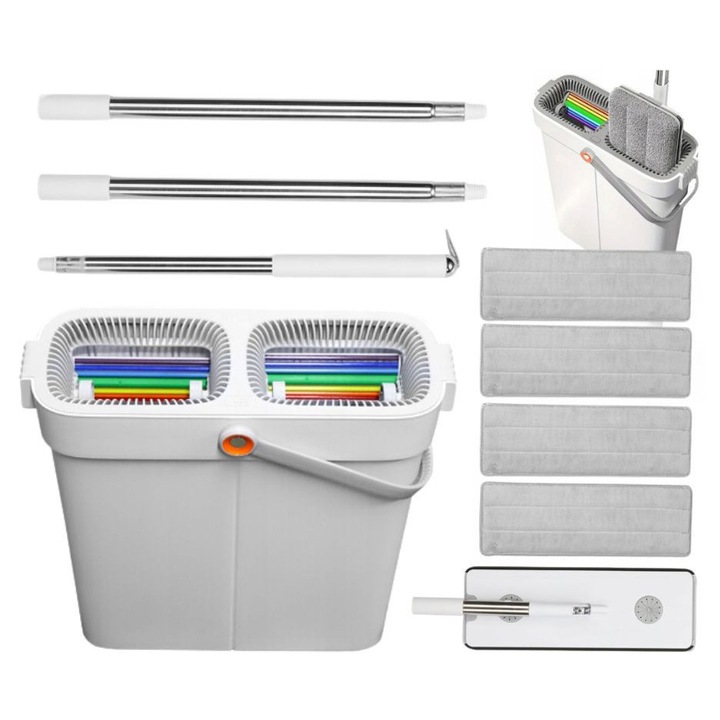 Set Mop Joybos cu galeata, set de 5 piese, rotatie 360°, alb/gri, 41cm