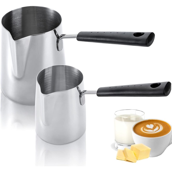 Set 2 Ibrice din Otel Inoxidabil Aurov®, cu Maner, Usor de curatat, Potrivit pentru Cafea turceasca, 600 ml si 1000 ml