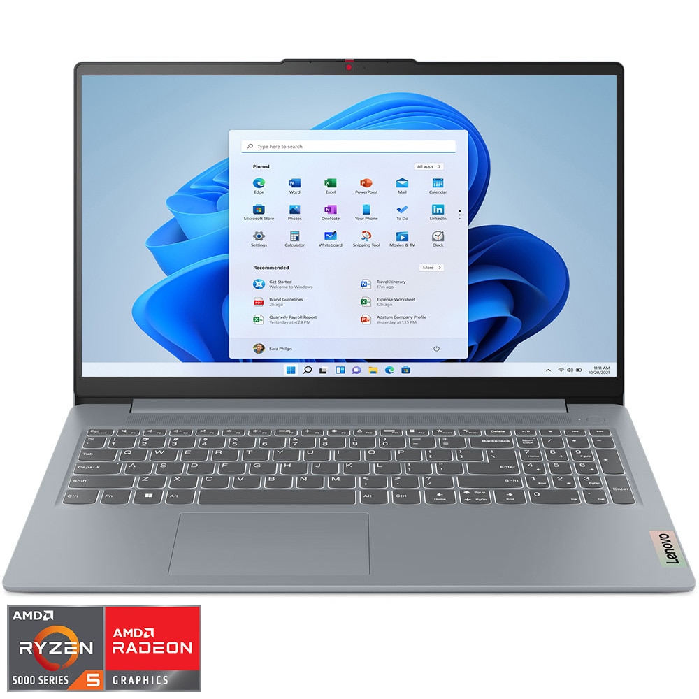 Laptop Lenovo IdeaPad Slim 3 15ABR8 cu procesor AMD Ryzen™ 5 5625U pana la 4.3GHz, 15.6'', Full HD, 16GB DDR4 RAM, 512GB SSD, AMD Radeon™ Graphics, Windows® 11 Home, Arctic Grey