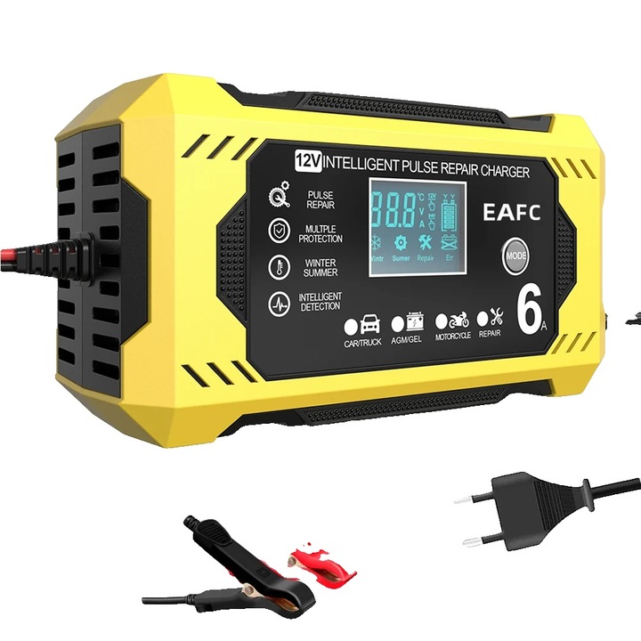 Redresor auto 12V, 6A, protectie completa, display LCD, 150x85x62mm