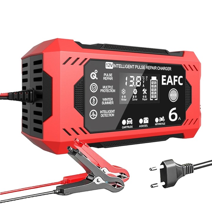 Redresor auto 12V, 6A, incarcare automata, protectie completa, rosu, 150x85x62mm