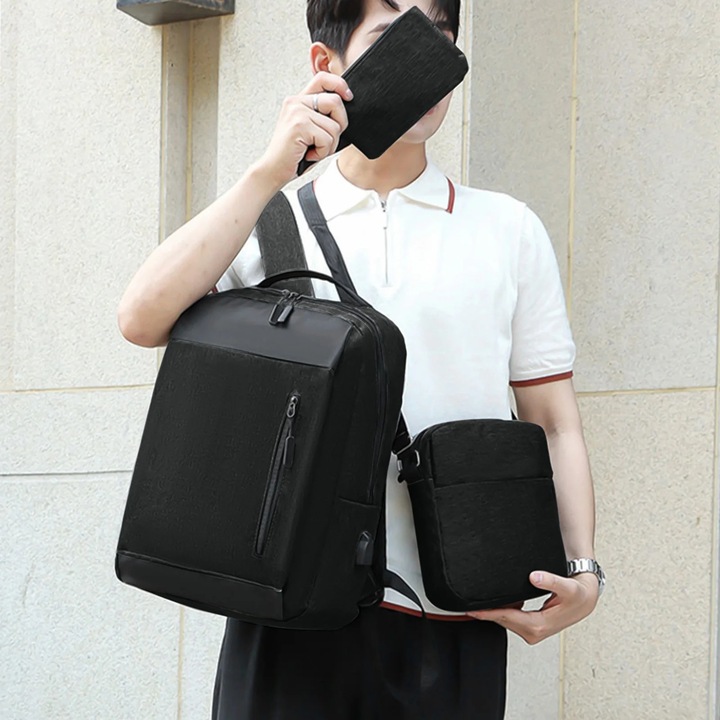 Rucsac laptop set 3 piese, negru, 41x30x12cm, 22x20x5cm, 18x12x2cm