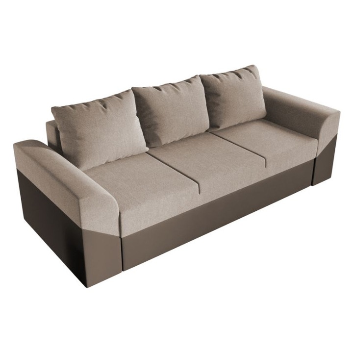 Canapea Cali, extensibila, cu lada depozitare, stofa si piele ecologica, 224 x 93 x 85 cm, Bej / Maro