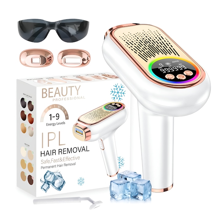 Epilator IPL 3 in 1 Empionics® cu racire zafiro, pentru epilare definitiva fara durere, 999999 flash-uri, 9 trepte de intensitate, afisaj digital, rejuvenare piele, reducere acnee, mod automat/manual, epilare fata corp axila si inghinal, alb-roz auriu