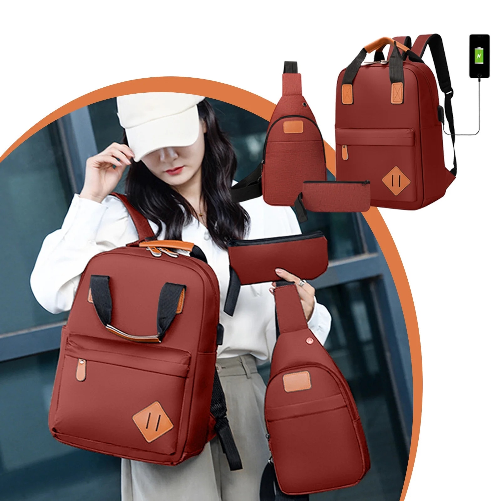 Set 3 piese rucsac laptop, geanta umar si portofel, rosu, 41x29x13cm