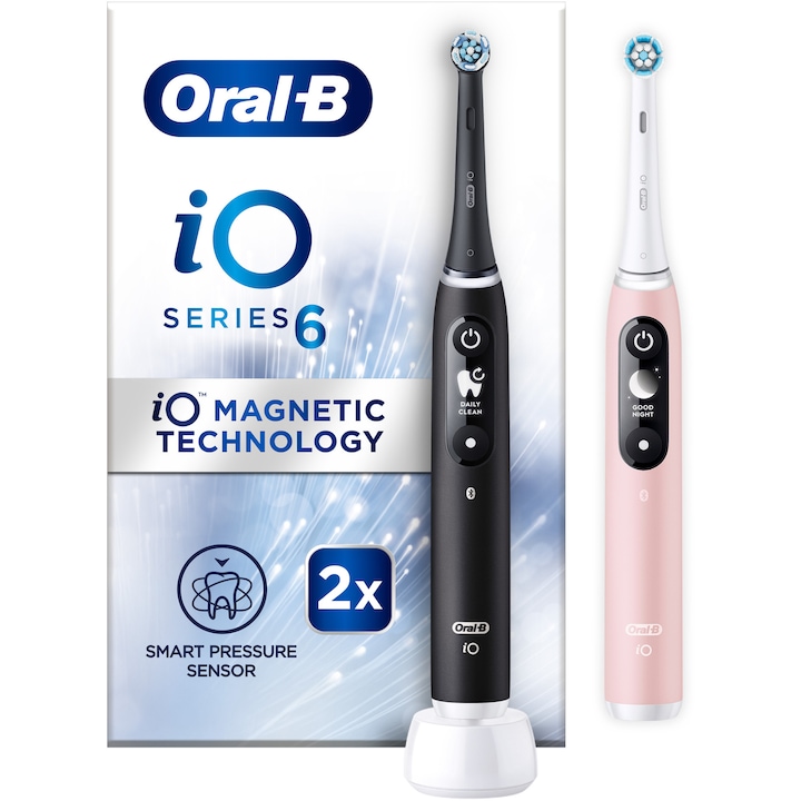 Set 2 x Periuta de dinti electrica Oral-B iO6, cu Tehnologie Magnetica si Micro-Vibratii, Inteligenta artificiala, Display led interactiv, Senzor de presiune Smart, Timer vizibil, 5 moduri, 1 capat, Negru si Roz