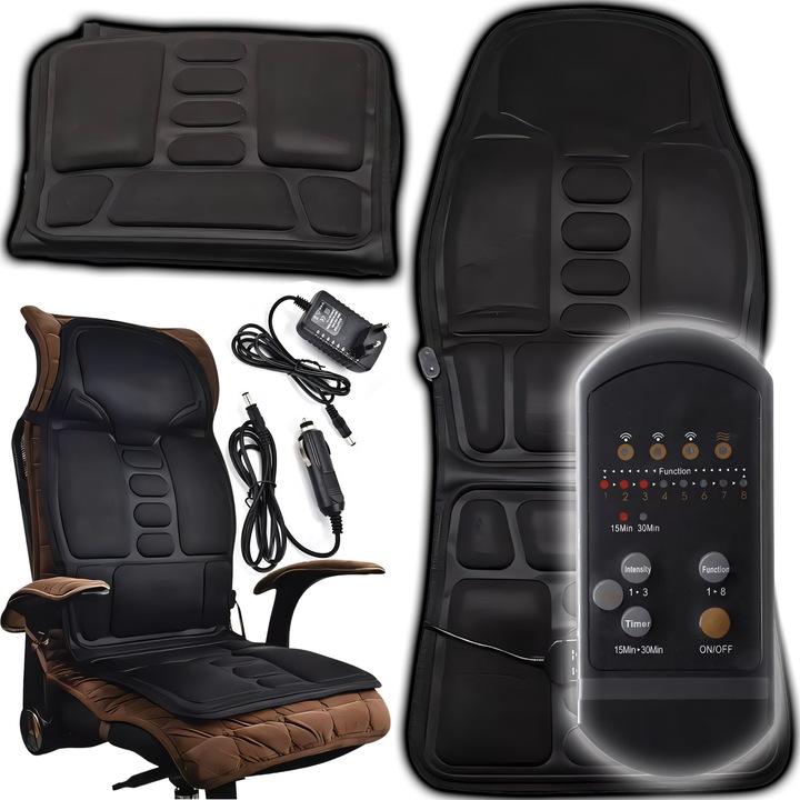 Husa Masaj Spate RETOO DriveTech, si Sezut, 3 Niveluri de Incalzire, 8 Moduri, Telecomanda, Functie de Temporizare, 5 Capete, 110V - 240V, Sursa de Alimentare Inclusa, pentru Masajul Spatelui, Bratelor, Soldurilor si Coapselor