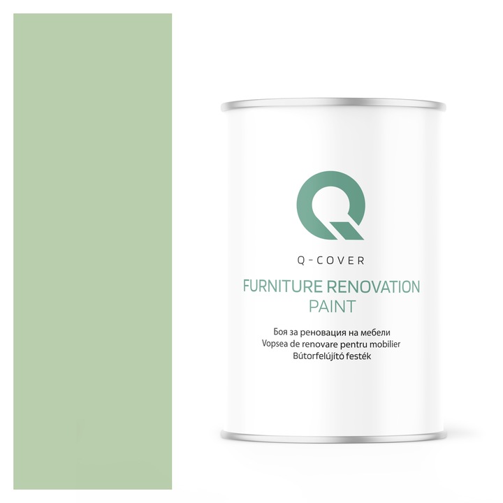 Vopsea de renovare pentru mobilier, Q-Cover, Verde pastel RAL6019, mat, pentru interior si exterior, Uscare rapida, Rezistent la UV, Fara substante toxice, Pe baza de apa, rezistenta la grasime, murdarie si substante alimentare, 1L