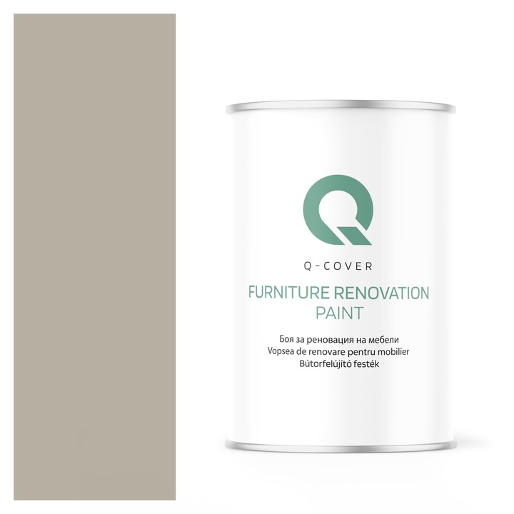 Vopsea de renovare pentru mobilier, Q-Cover, Gri-bej RAL7032, satin, pentru interior si exterior, Uscare rapida, Rezistent la UV, Fara substante toxice, Pe baza de apa, rezistenta la grasime, murdarie si substante alimentare, 1L