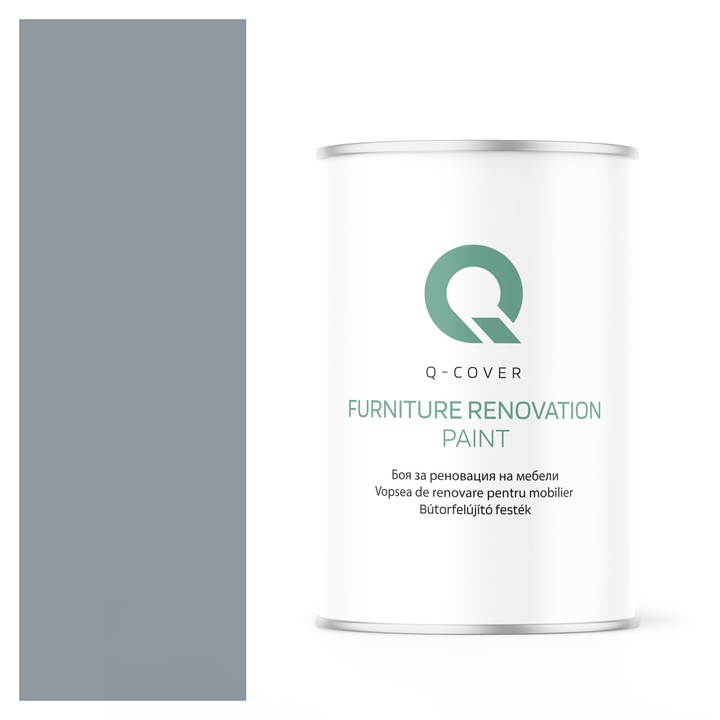 Vopsea de renovare pentru mobilier, Q-Cover, Gri-albastrui RAL7001, mat, pentru interior si exterior, Uscare rapida, Rezistent la UV, Fara substante toxice, Pe baza de apa, rezistenta la grasime, murdarie si substante alimentare, 1L
