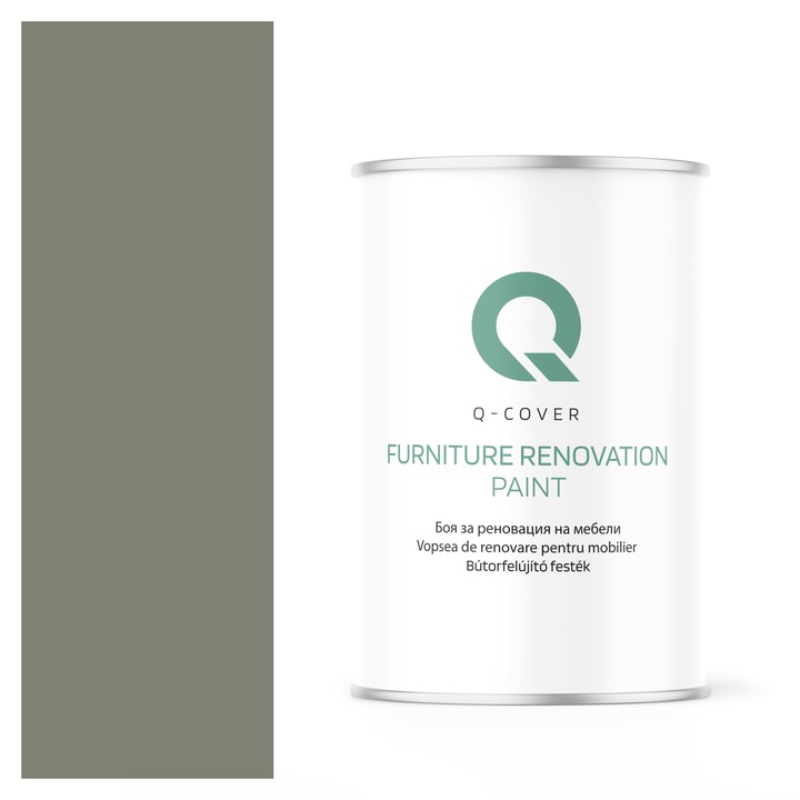 Vopsea de renovare pentru mobilier, Q-Cover, Gri ciment deschis RAL7033, semi-mat, pentru interior si exterior, Uscare rapida, Rezistent la UV, Fara substante toxice, Pe baza de apa, rezistenta la grasime, murdarie si substante alimentare, 1L