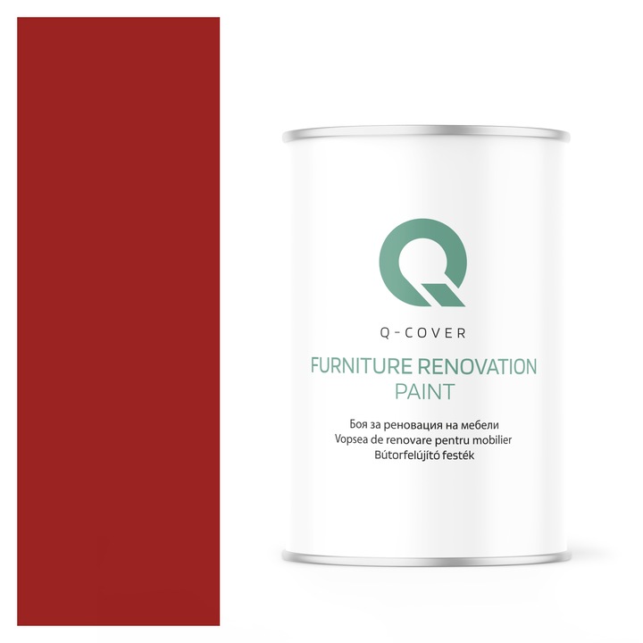 Vopsea de renovare pentru mobilier, Q-Cover, Rosu carmin RAL3002, semi-mat, pentru interior si exterior, Uscare rapida, Rezistent la UV, Fara substante toxice, Pe baza de apa, rezistenta la grasime, murdarie si substante alimentare, 1L