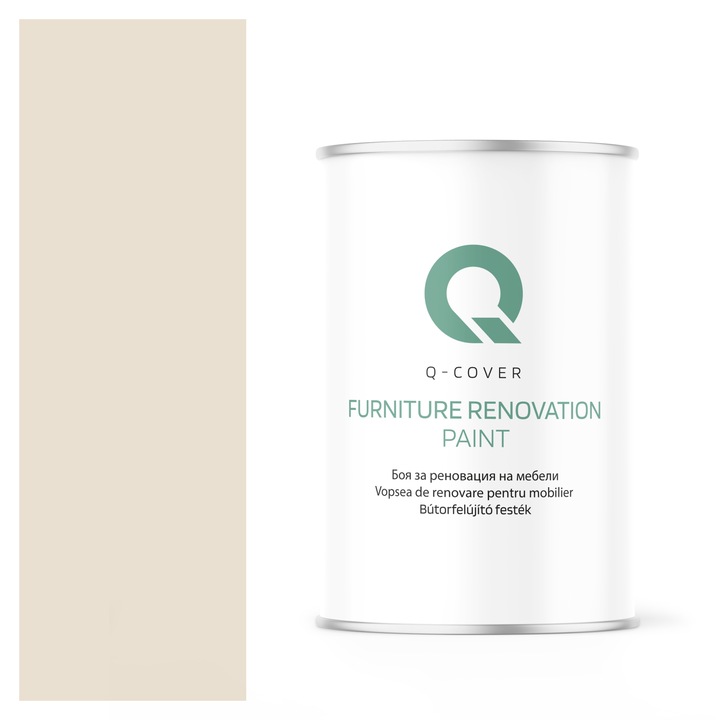 Vopsea de renovare pentru mobilier, Q-Cover, Crem RAL9001, satin, pentru interior si exterior, Uscare rapida, Rezistent la UV, Fara substante toxice, Pe baza de apa, rezistenta la grasime, murdarie si substante alimentare, 1L