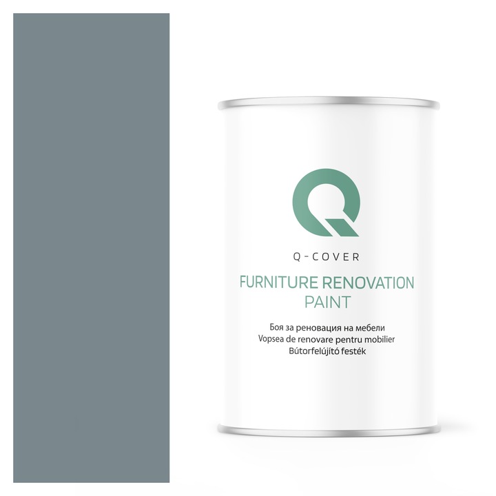 Vopsea de renovare pentru mobilier, Q-Cover, Gri veverita RAL7000, luciu ridicat, pentru interior si exterior, Uscare rapida, Rezistent la UV, Fara substante toxice, Pe baza de apa, rezistenta la grasime, murdarie si substante alimentare, 1L